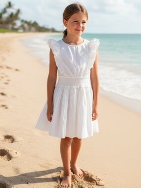 Vineyard Vines Girls White Smocked Summer Dress Ruffle Sleeve Size M EUC